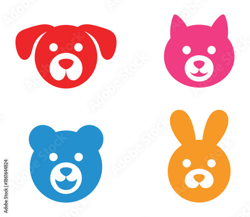 Four cartoon animal faces: dog, cat, bear, and rabbit icons on white background.