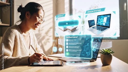 Young woman at a bright desk uses a laptop amid floating holographic screens, notes, and a plant AI