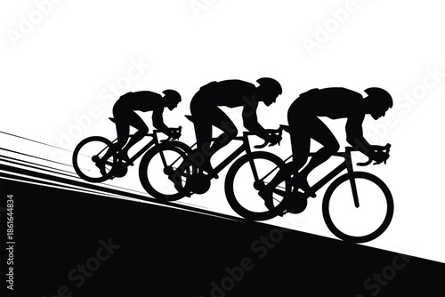 Three cyclists in silhouette race uphill on a bright white background.