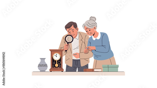Elderly couple exploring antiques together in a cozy indoor setting
