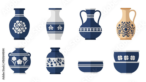 Stylish flat design ceramic vase and bowl collection with floral patterns