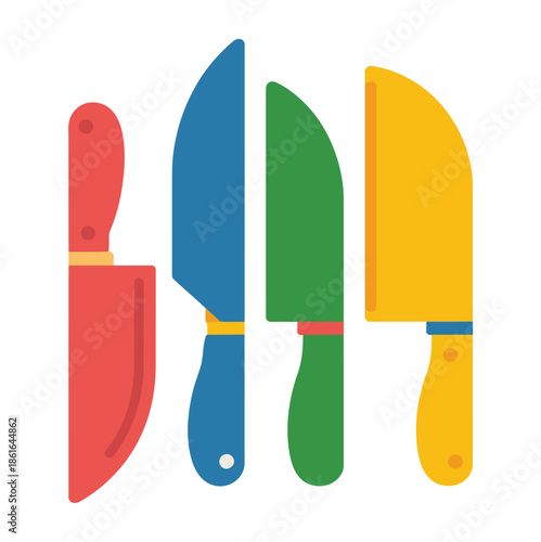 Four colorful kitchen knives stand side by side on a white background.