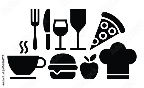 A collection of food and drink icons including a cup of coffee, burger, apple, pizza, and chef's hat.