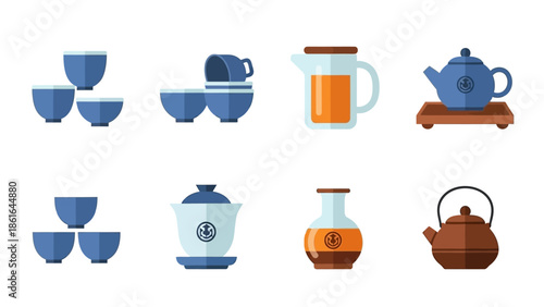 Elegant collection of modern tea sets and teapots in flat design