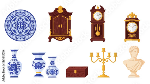 Classic antique collection featuring vases, clocks, and bust in elegant design