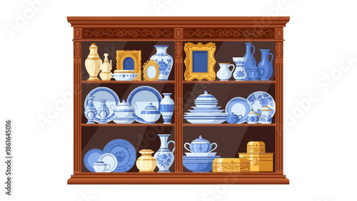 Elegant wooden cabinet displaying vintage porcelain and gold accents in a classic arrangement