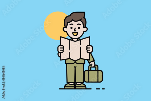 A smiling man holding a map and a briefcase stands under the sun.