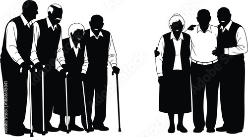 Elderly people group silhouette illustration, senior citizens standing together with canes, family support and aging concept, retirement care vector design