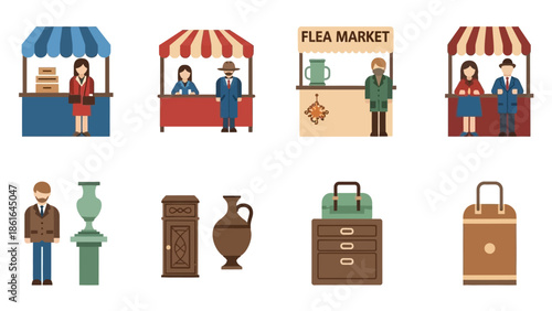 Flea market stalls and vendors with various antiques in flat design style