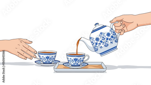Elegant tea time with floral teapot and cups in hand-drawn style