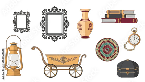 Vintage collection: ornate frames, elegant vase, antique carriage, and classic accessories