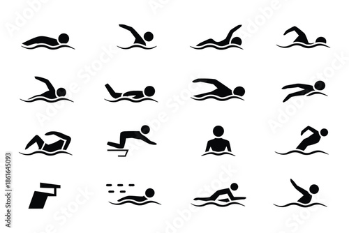 Collection of silhouette icons representing various swimming strokes and actions.