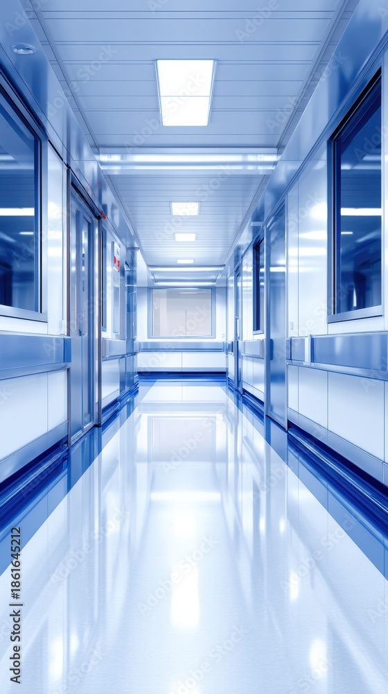 Obraz premium Bright hospital corridor with blue-tinted glass walls, ceiling panels, polished floor, and a long perspective