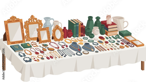 Antique market table with jewelry, frames, and books in rich detail