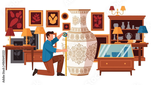 Interior design with antique decor and giant ceramic vase in vintage style