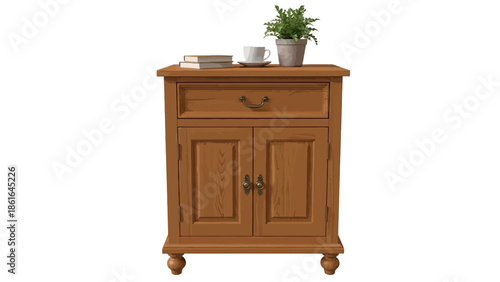 Elegant wooden nightstand with drawer and doors in classic design