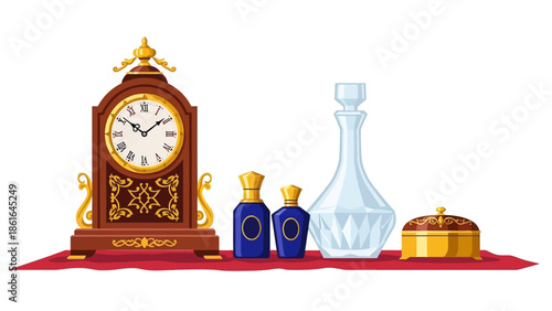 Elegant vintage decor with ornate clock and crystal decanter on red mat