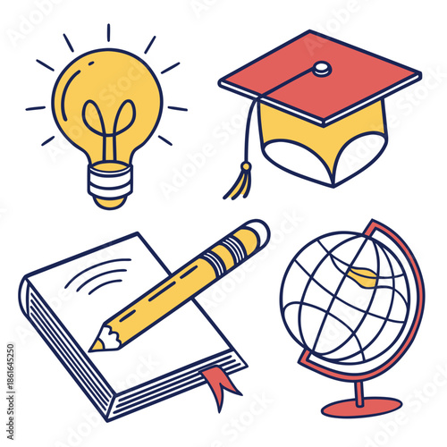 Creative education icons and objects in a modern flat style