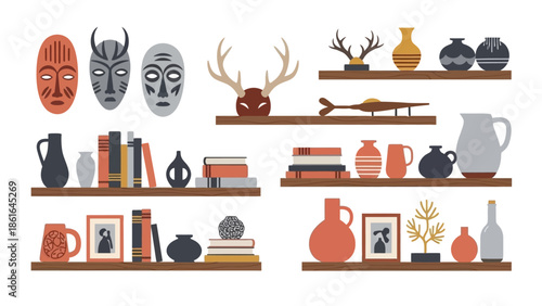 Stylish rustic shelves with african masks and antlers decor in modern flat design
