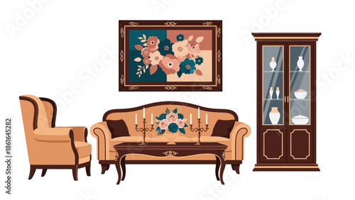 Elegant classic living room with floral decor and vintage furniture