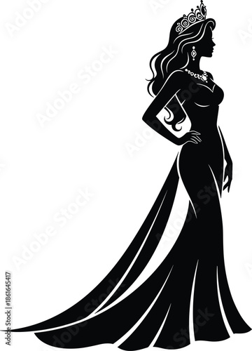 Elegant black silhouette vector illustration of a beautiful woman, queen, or beauty pageant winner in a long evening gown, crown, and jewelry.