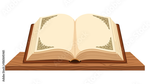 Open ancient ornate book on wooden stand with decorative patterns