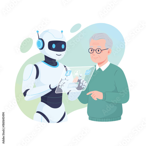 Modern flat vector illustration of a friendly humanoid robot assisting an elderly man with a digital tablet interface