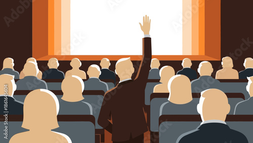 Audience in theater with hand raised in minimalist art style