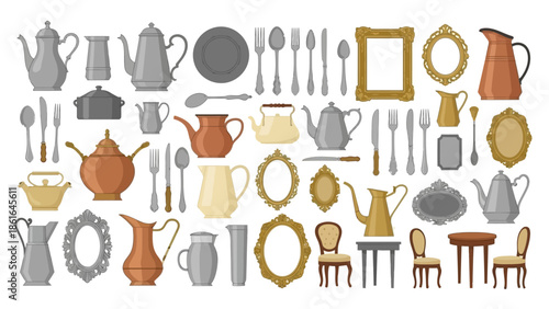 Vintage kitchen and dining objects collection featuring teapots, cutlery, frames, and furniture