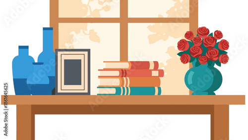 Cozy living room with books and decor in front of a window