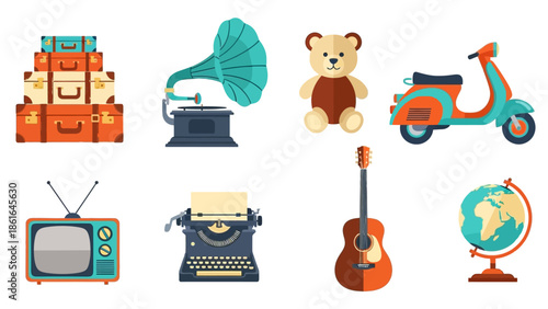Retro icons featuring vintage travel, music, and communication elements