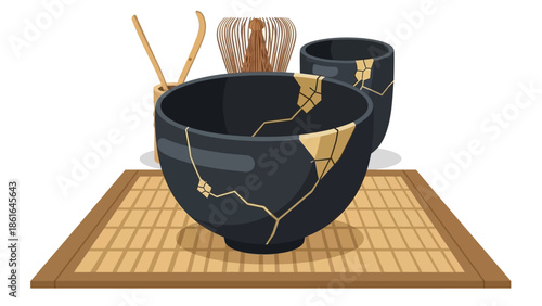 Traditional japanese kintsugi bowl and tea tools on bamboo mat