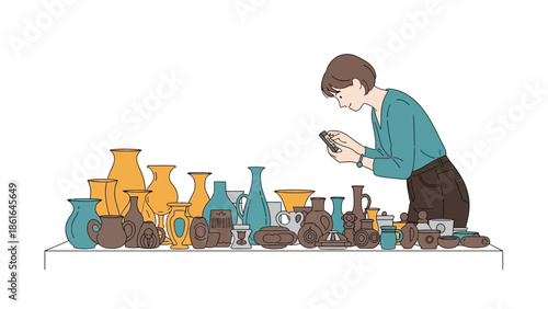 Antique pottery collector examining ceramic vessels on display
