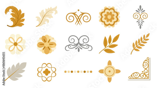 Elegant flat floral set with ornamental patterns and leaves