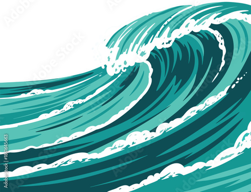 Turquoise Breaking Wave Illustration with Detailed Foam and Curling Water Crest Against a Teal Background , Generative Ai
