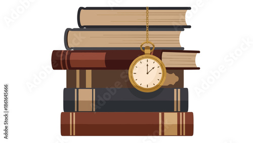 Stack of books with antique pocket watch: classic literary charm