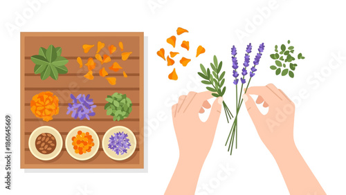 Herbal arrangements: hands crafting natural apothecary with botanical ingredients on wooden surface