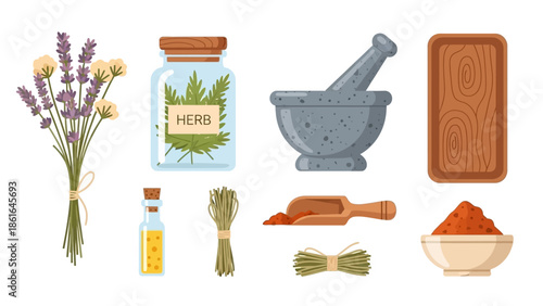 Herbal elements collection: bottles, mortar, and pestle with natural spices and herbs