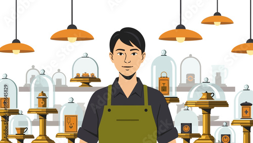 Smiling barista in coffee shop with vintage decor and hanging lamps