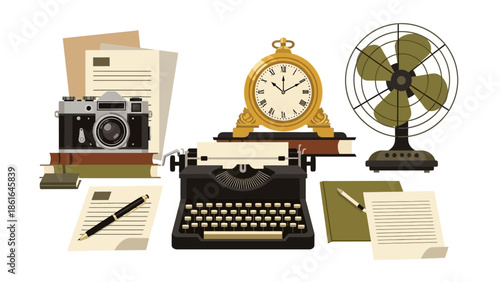 Vintage office elements with typewriter, camera, clock, and fan in flat design