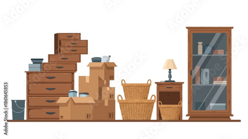Home organization with wooden furniture, baskets, and cardboard boxes in a flat style