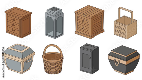 Diverse isometric wooden containers and baskets with detailed design