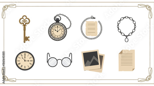 Vintage icon set with antique clock, key, and accessories in flat style