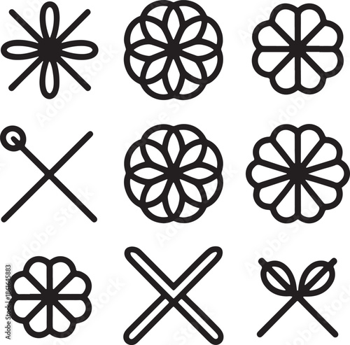 Black line art icons set of floral patterns geometric shapes knitting needles and crafting symbols