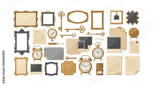 Vintage frames and keys collection with classic stationery elements in flat design