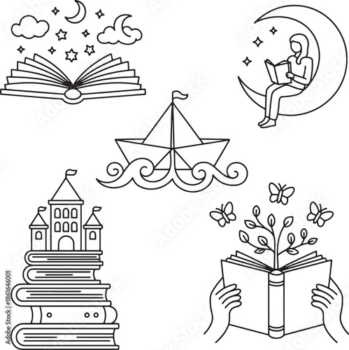 fairytale and imagination vector icons for children literature and magical storytelling concepts