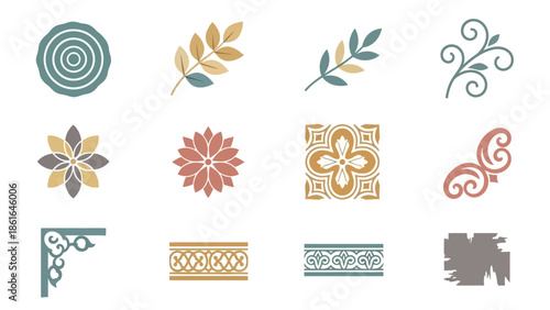 Elegant floral and geometric ornament set in earth tones
