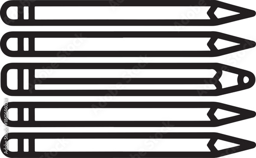 Five horizontal black outline pencils drawing supplies stationery school office equipment vector artwork