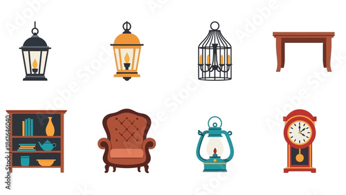 Vintage home decor elements: lanterns, furniture, and classic clock collection