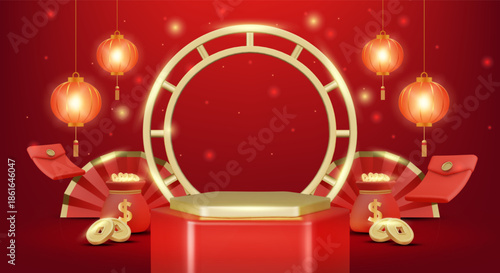 3D vector illustration of red hexagon podium with golden circle frame and money bags. Concept for chinese new year wealth celebration background. Luxury and premium festive design template.